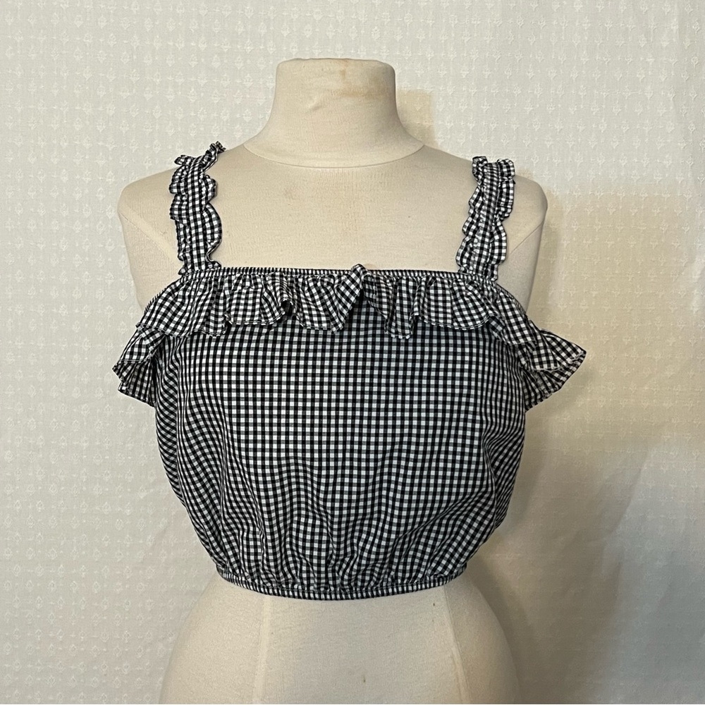 Gingham Ruffle Trim Women's Top - Black